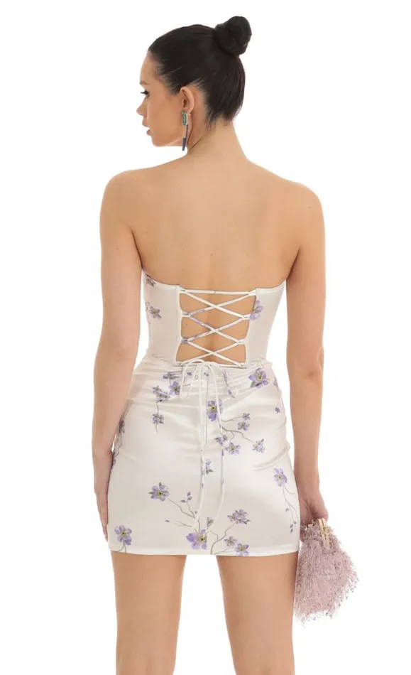 Satin Floral Lace Strapless Dress White Women LUCY IN THE SKY Mini Dresses