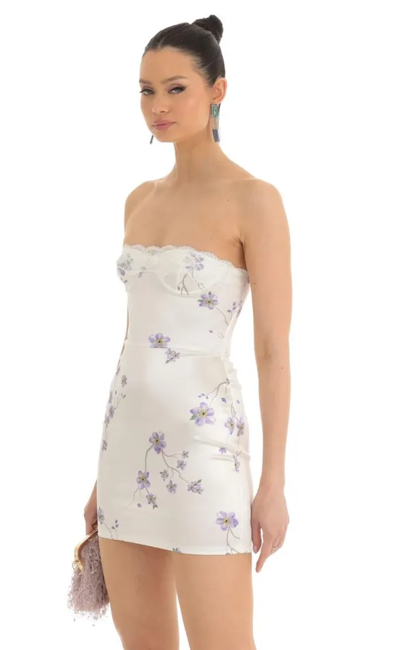 Satin Floral Lace Strapless Dress White Women LUCY IN THE SKY Mini Dresses