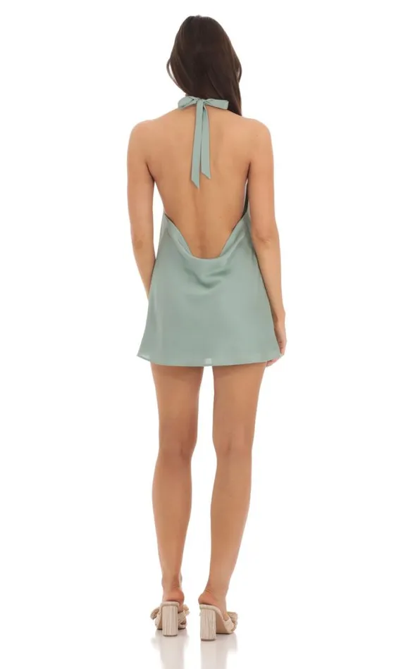 Satin Halter Open Back Dress Sage Women LUCY IN THE SKY Mini Dresses