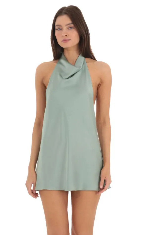 Satin Halter Open Back Dress Sage Women LUCY IN THE SKY Mini Dresses Satin Halter Open Back Dress Sage Women LUCY IN THE SKY Mini Dresses