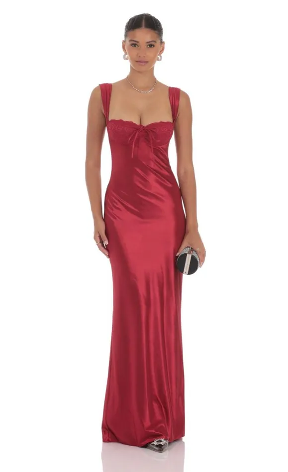 Satin LaceBust Dress Red Women LUCY IN THE SKY Maxi Dresses