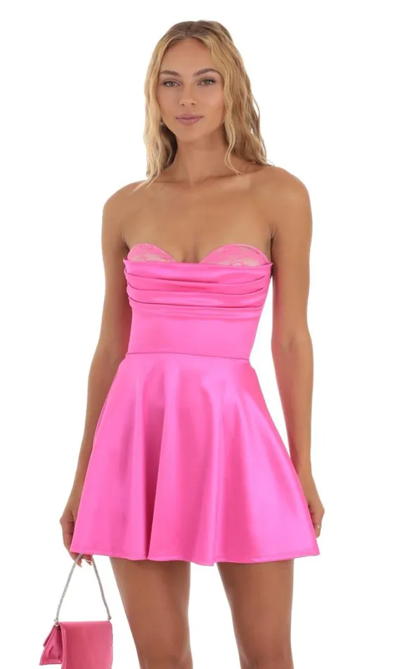 Satin Lace Bust Flare Dress Pink Women LUCY IN THE SKY Mini Dresses