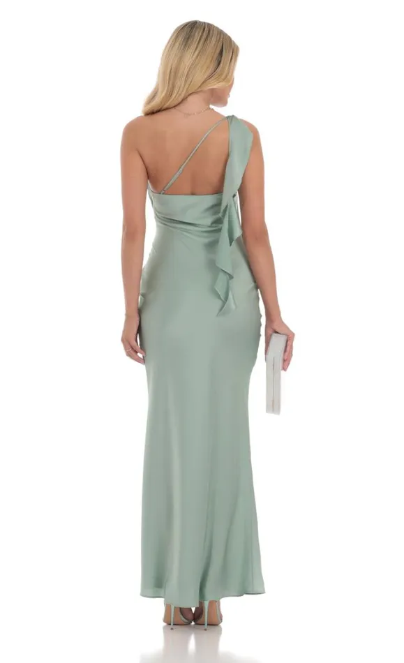 Satin One Shoulder Tassel Maxi Dress Sage Women LUCY IN THE SKY Maxi Dresses