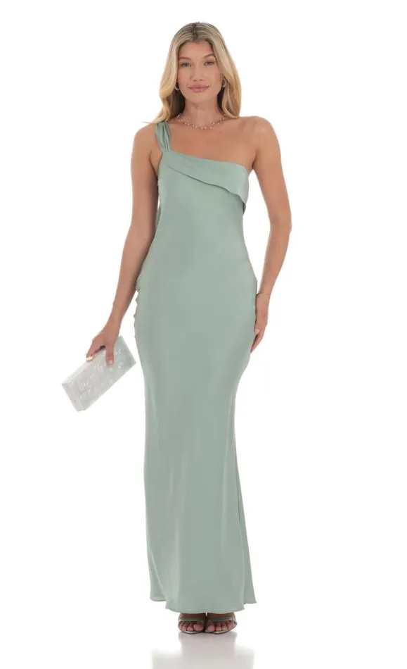 Satin One Shoulder Tassel Maxi Dress Sage Women LUCY IN THE SKY Maxi Dresses Satin One Shoulder Tassel Maxi Dress Sage Women LUCY IN THE SKY Maxi Dresses