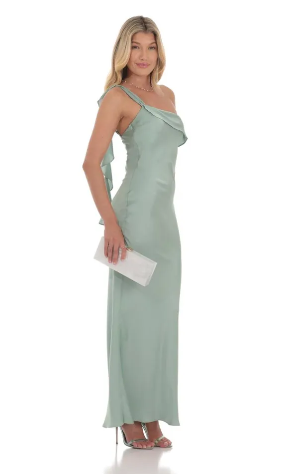 Satin One Shoulder Tassel Maxi Dress Sage Women LUCY IN THE SKY Maxi Dresses Satin One Shoulder Tassel Maxi Dress Sage Women LUCY IN THE SKY Maxi Dresses