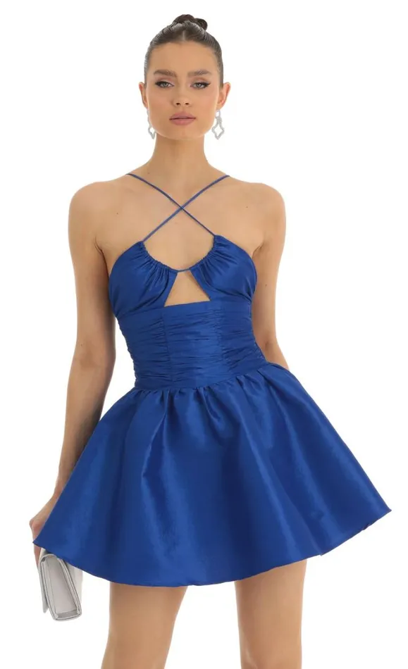 Satin Ruched Front Cross Dress Blue Women LUCY IN THE SKY Mini Dresses Satin Ruched Front Cross Dress Blue Women LUCY IN THE SKY Mini Dresses