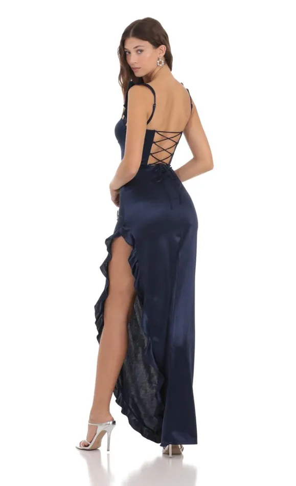 Satin Ruffle Maxi Dress Navy Women LUCY IN THE SKY Maxi Dresses Satin Ruffle Maxi Dress Navy Women LUCY IN THE SKY Maxi Dresses