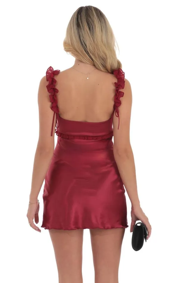 Satin Ruffle Strap Dress Maroon Women LUCY IN THE SKY Mini Dresses