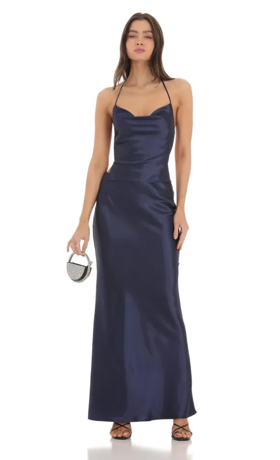 Satin Slip Two Piece Set Navy Women LUCY IN THE SKY Maxi Dresses Satin Slip Two Piece Set Navy Women LUCY IN THE SKY Maxi Dresses