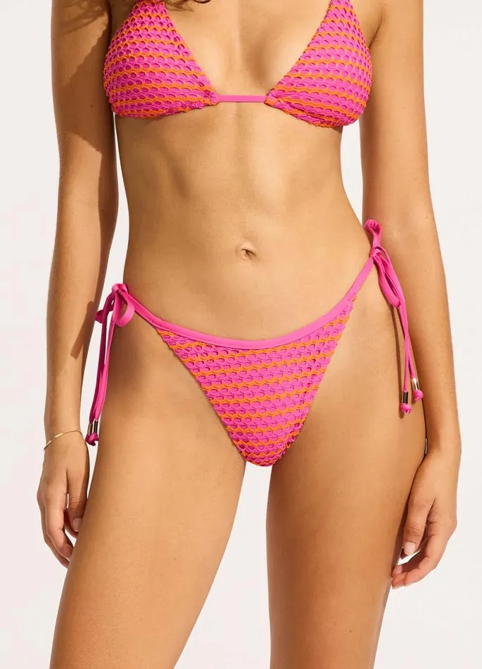 Seafolly Brazilian Women Mesh Effect Tie Side Rio Bikini Bottom 8211 Hot Pink