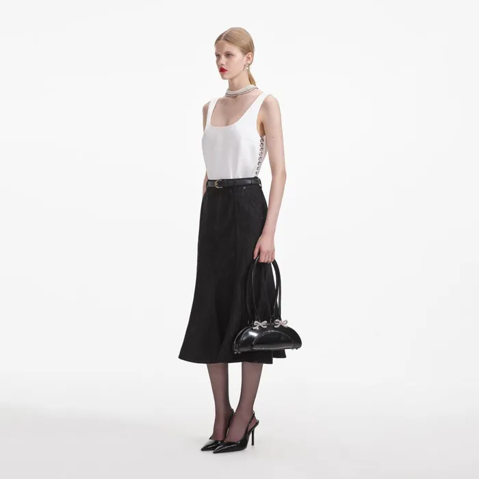 Self Portrait Bottoms Women Black Flared Denim Midi Skirt