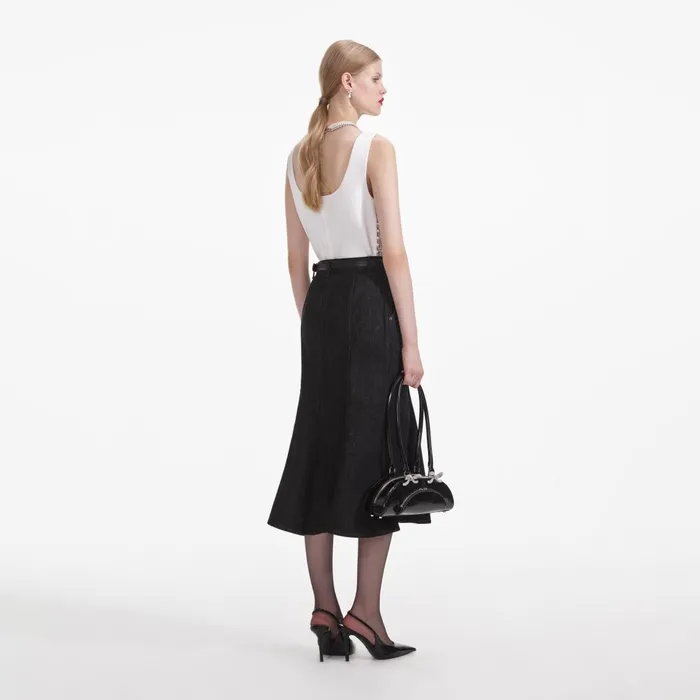 Self Portrait Bottoms Women Black Flared Denim Midi Skirt