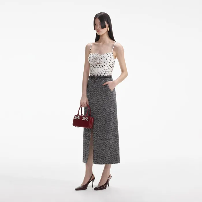 Self Portrait Bottoms Women Black Herringbone Midi Skirt