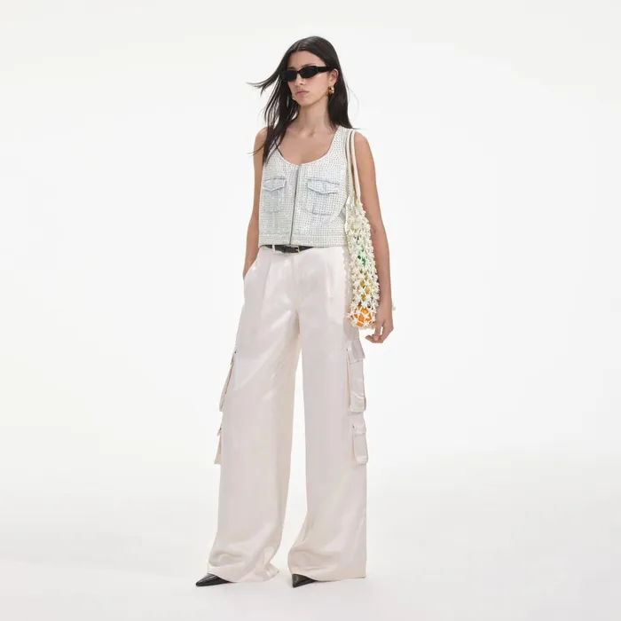 Self Portrait Bottoms Women Cream Satin Cargo Trousers
