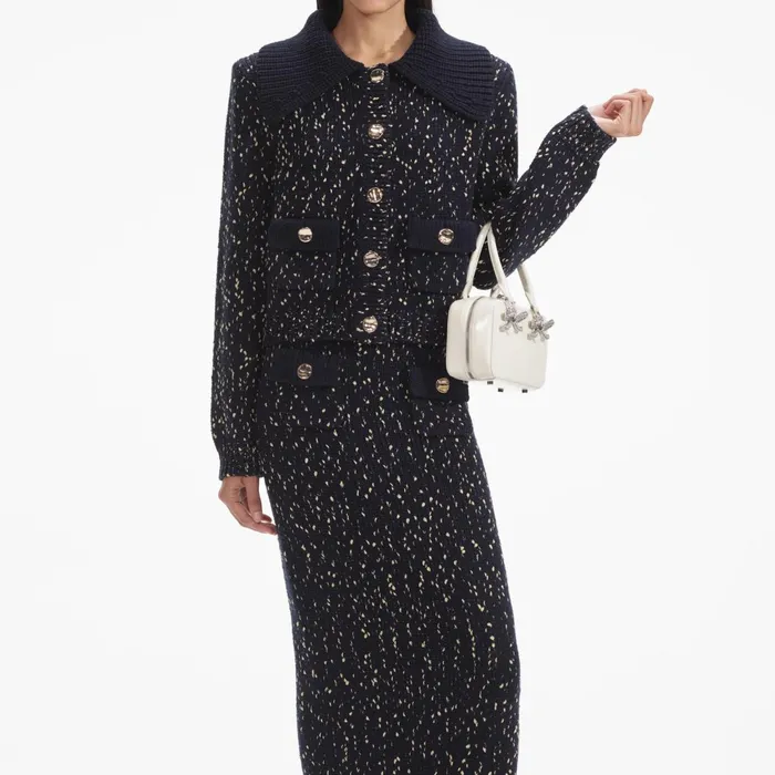 Self Portrait Bottoms Women Navy Metallic Merino Knit Midi Skirt