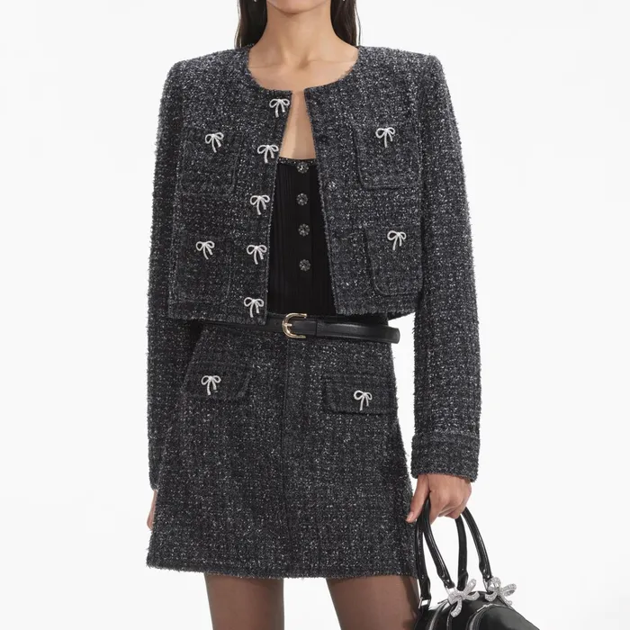 Self Portrait Denim Women Black Textured Denim Jacket