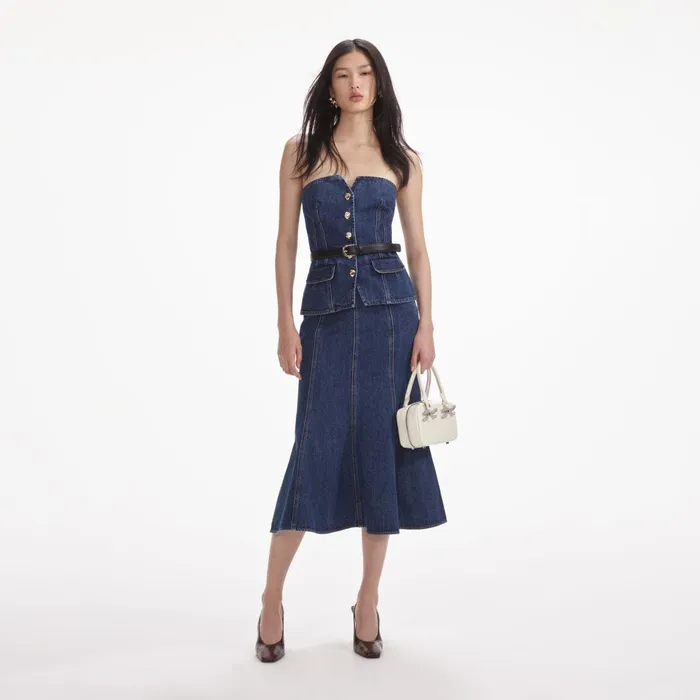 Self Portrait Denim Women Denim Bandeau Midi Dress