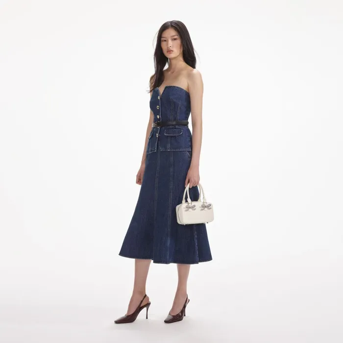 Self Portrait Denim Women Denim Bandeau Midi Dress