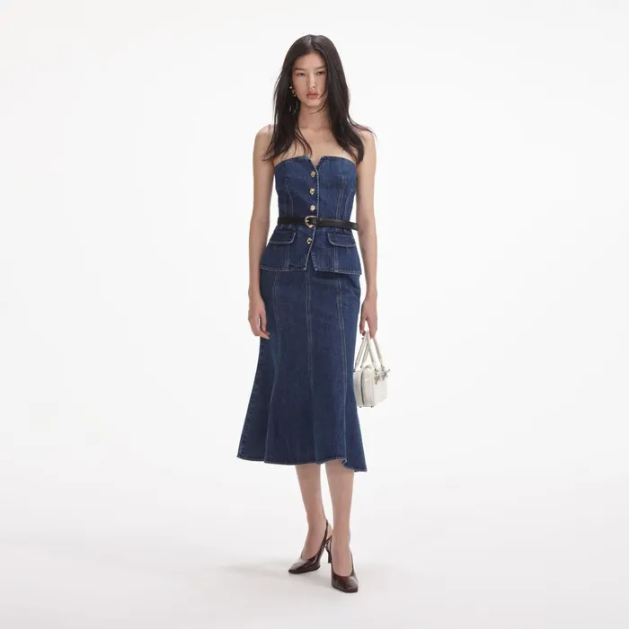 Self Portrait Denim Women Denim Bandeau Midi Dress