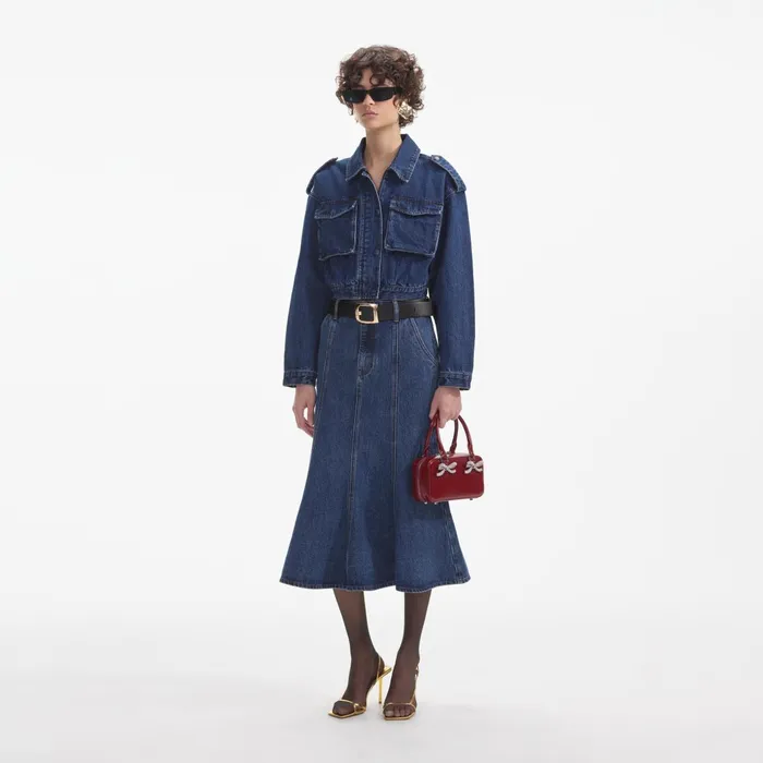Self Portrait Denim Women Flared Denim Midi Skirt