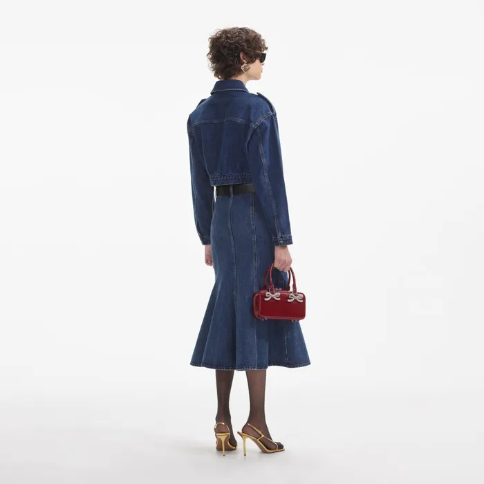 Self Portrait Denim Women Flared Denim Midi Skirt