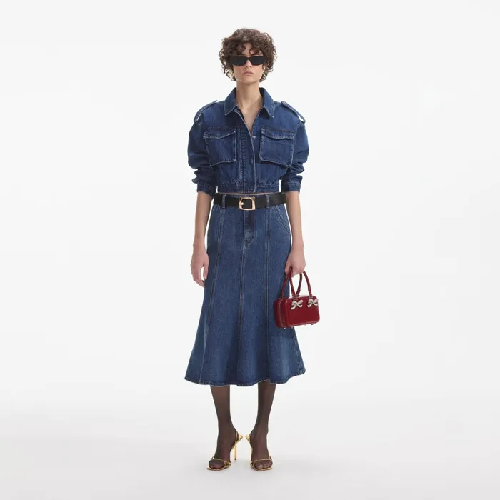 Self Portrait Denim Women Flared Denim Midi Skirt