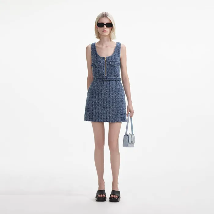 Self Portrait Denim Women Textured Denim Mini Dress