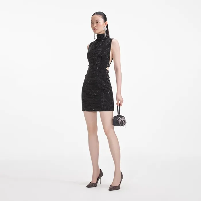 Self Portrait Dresses Women Black Rhinestone Crepe Mini Dress