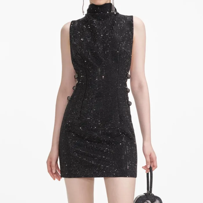 Self Portrait Dresses Women Black Rhinestone Crepe Mini Dress
