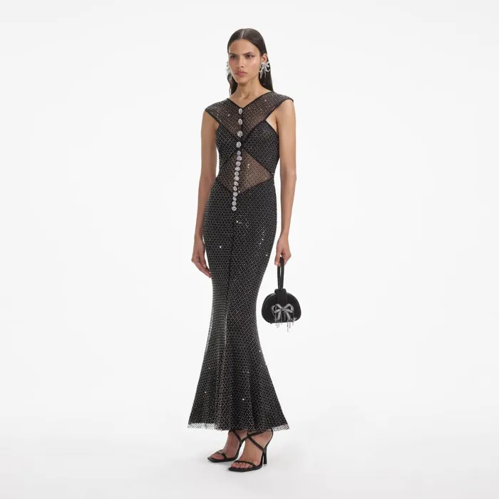 Self Portrait Dresses Women Black Rhinestone Fishnet Crossover Midi Dress