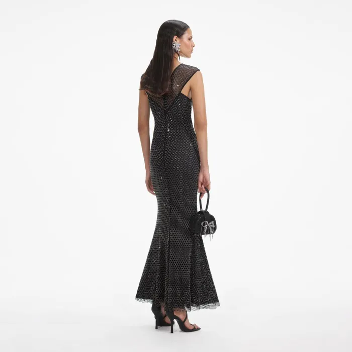 Self Portrait Dresses Women Black Rhinestone Fishnet Crossover Midi Dress