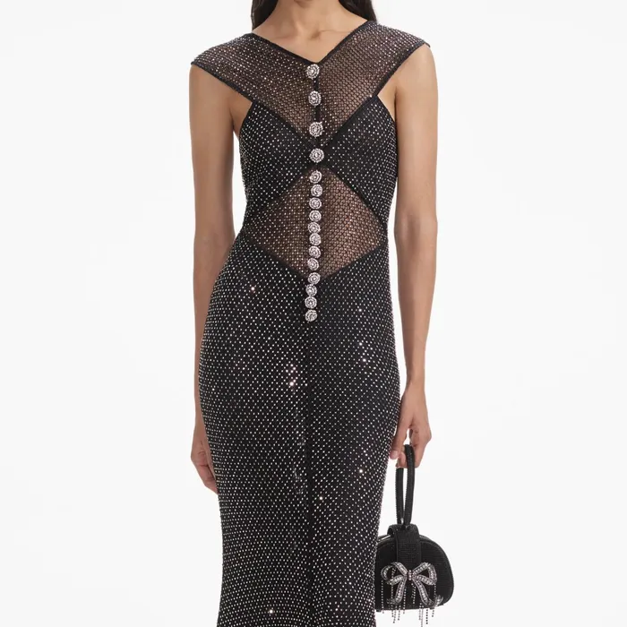 Self Portrait Dresses Women Black Rhinestone Fishnet Crossover Midi Dress