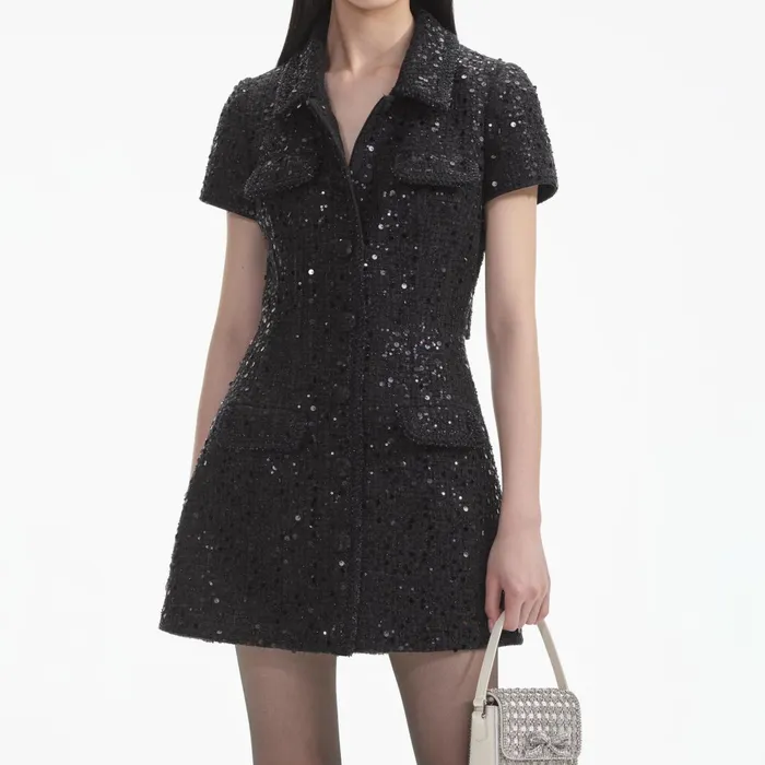 Self Portrait Dresses Women Black Sequin Boucle Mini Dress