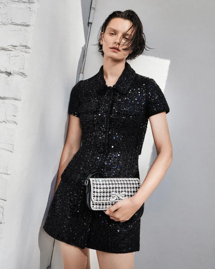 Self Portrait Dresses Women Black Sequin Boucle Mini Dress
