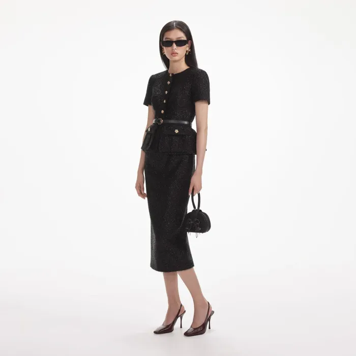 Self Portrait Dresses Women Black Tinsel Boucle Tailored Midi Dress