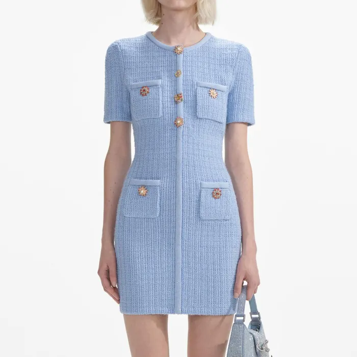 Self Portrait Dresses Women Blue Jewel Button Knit Mini Dress