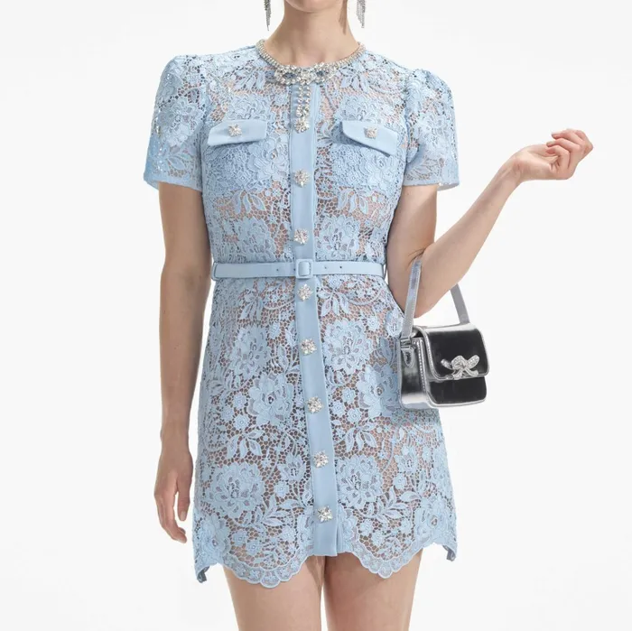 Self Portrait Dresses Women Blue Lace Diamante Bow Mini Dress