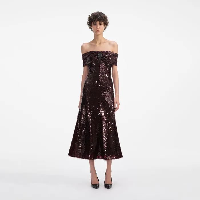 Self Portrait Dresses Women Brown Sequin Off Shoulder Midi Dress