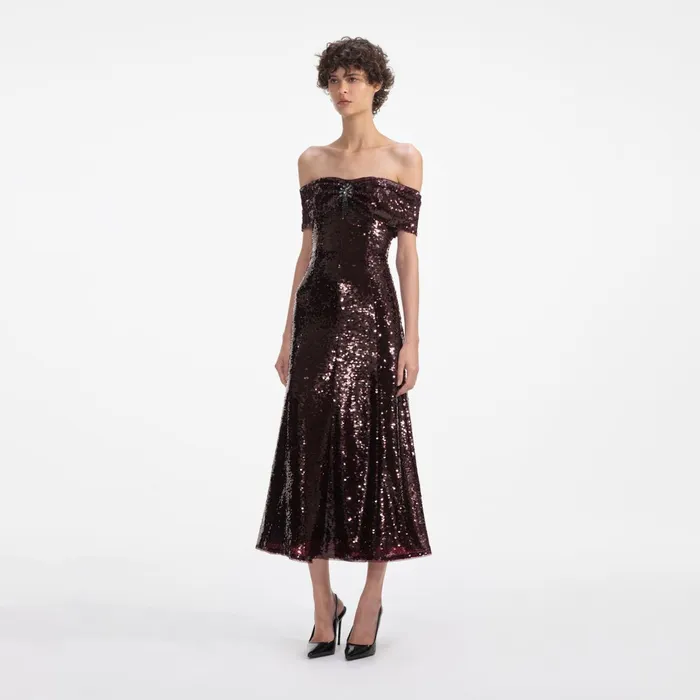Self Portrait Dresses Women Brown Sequin Off Shoulder Midi Dress