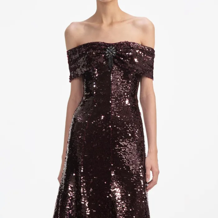 Self Portrait Dresses Women Brown Sequin Off Shoulder Midi Dress