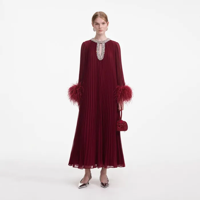 Self Portrait Dresses Women Burgundy Chiffon Feather Midi Dress Red