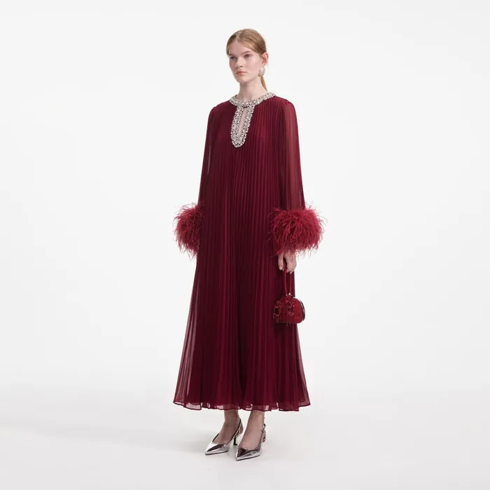 Self Portrait Dresses Women Burgundy Chiffon Feather Midi Dress Red