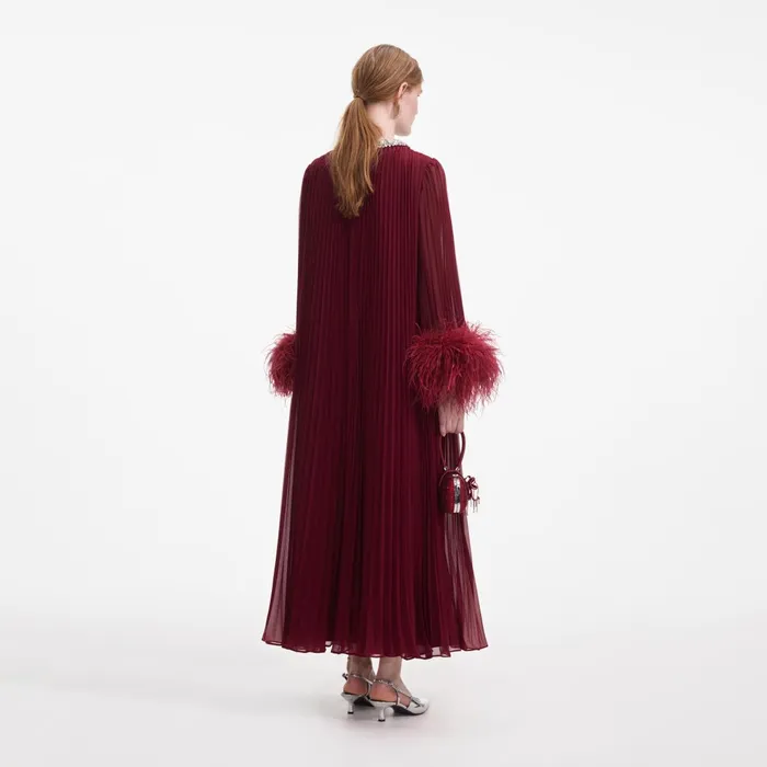 Self Portrait Dresses Women Burgundy Chiffon Feather Midi Dress Red