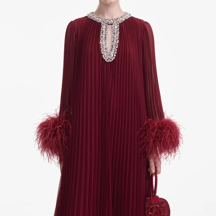 Self Portrait Dresses Women Burgundy Chiffon Feather Midi Dress Red