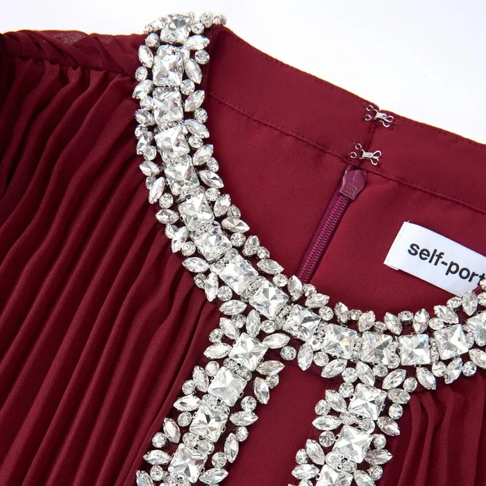 Self Portrait Dresses Women Burgundy Chiffon Feather Midi Dress Red