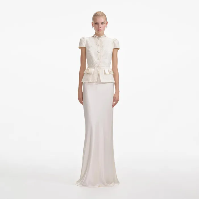 Self Portrait Dresses Women Cream Boucle Bow Detail Maxi Dress