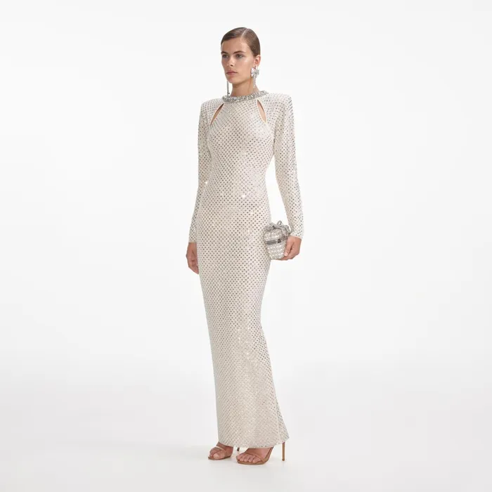 Self Portrait Dresses Women Cream Rhinestone Diamante Trim Maxi Dress