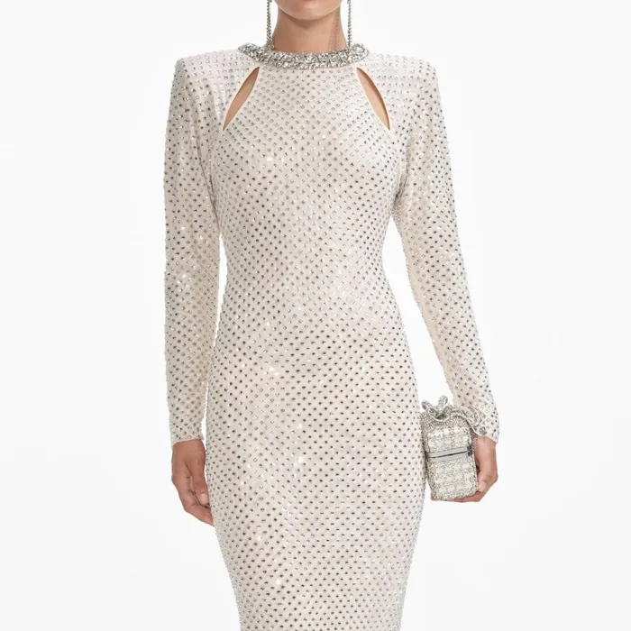 Self Portrait Dresses Women Cream Rhinestone Diamante Trim Maxi Dress