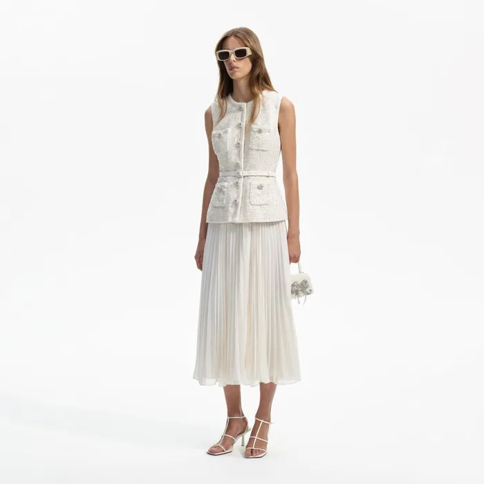 Self Portrait Dresses Women Cream Sequin Boucle Tailored Midi Dress