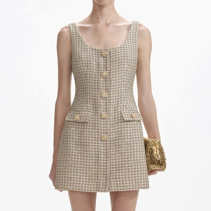Self Portrait Dresses Women Gold Boucle Mini Dress